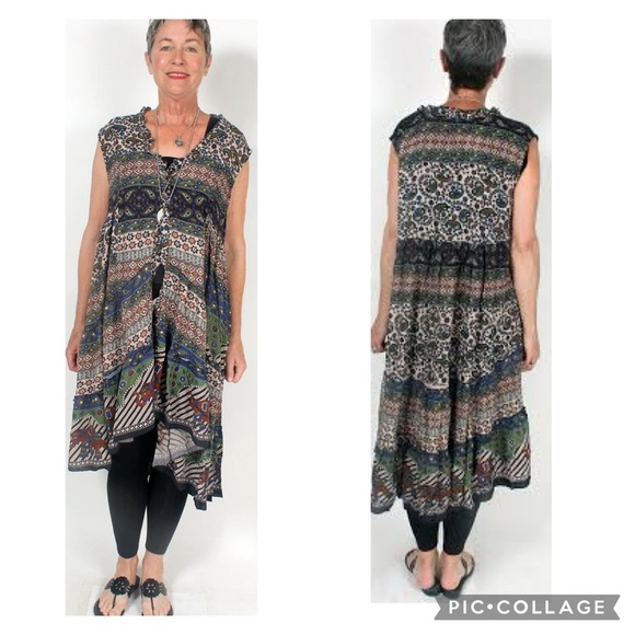 Tienda Ho 60’s Boho Multicolored Mixed Print Ruffled Flounced Vest OS - Picture 2 of 14